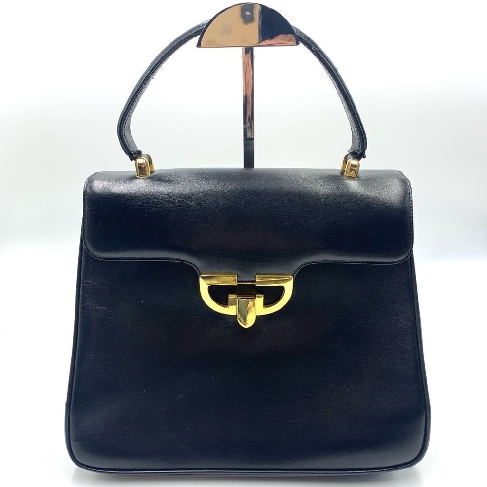 Auth Vtg Gucci Small Black Lady Lock Structured Smooth Leather Handbag Preloved